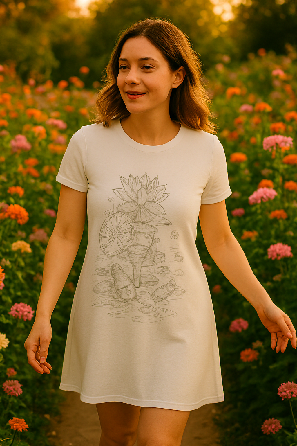 AOP A line Dress, Lotus flower design